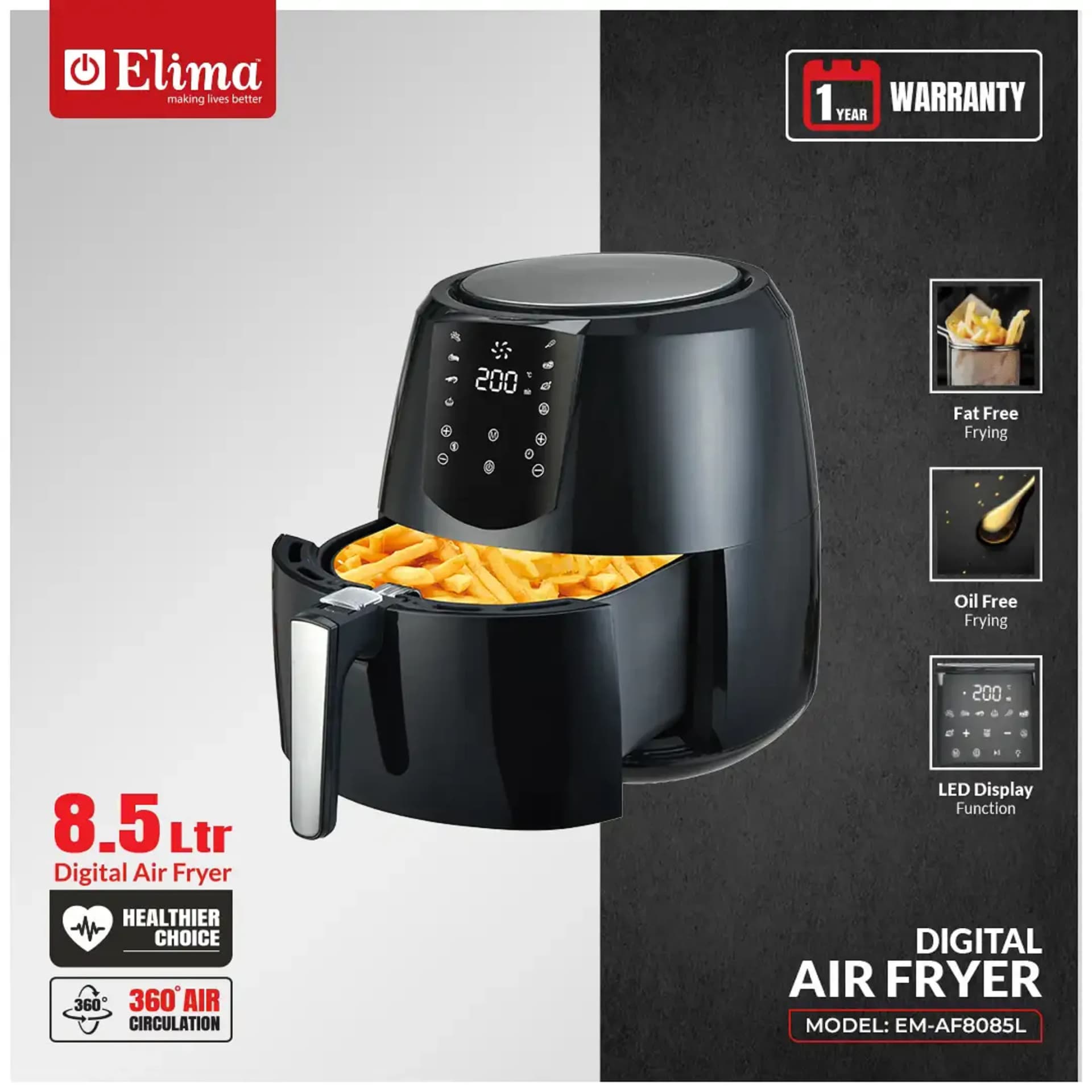 EM-AF8085L Elima 8.5L Digital Air Fryer- 360° Air Circulation, Oil-Free Healthy Cooking, LED Touch Display
