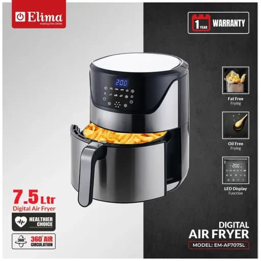 EM-AF7075L Elima 7.5L Digital Air Fryer- 360° Air Circulation, Oil-Free Healthy Cooking, LED Touch Display