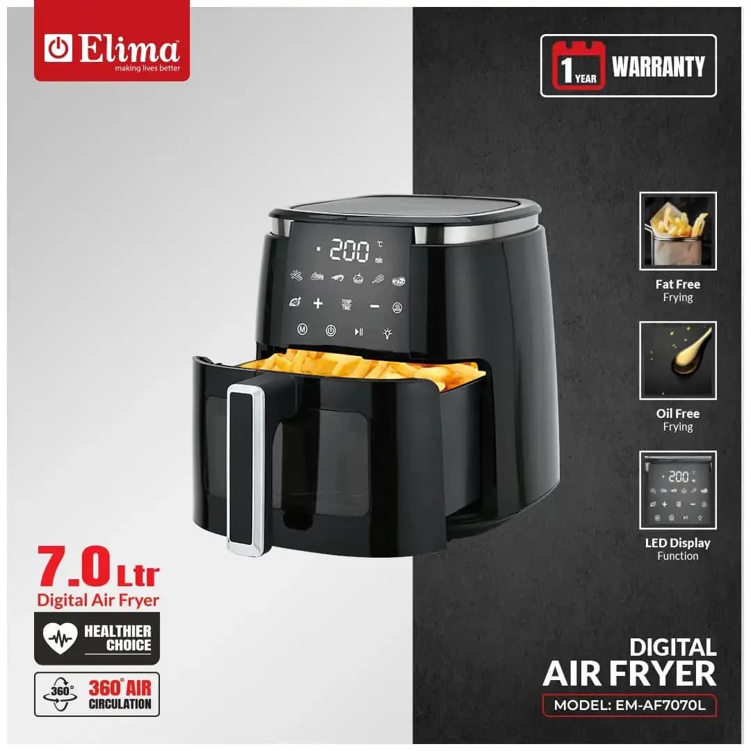 EM-AF7070L Elima 7.0L Digital Air Fryer- 360° Air Circulation, Oil-Free Healthy Cooking, LED Touch Display