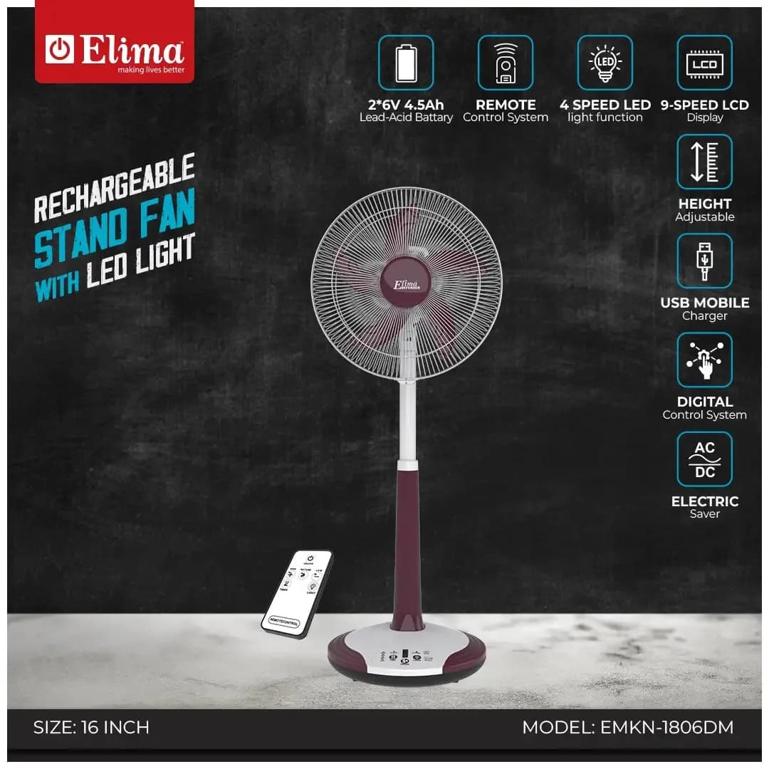 EMKN-1806DM Rechargeable Stand Fan with LED Light – Long Battery Backup & Powerful Airflow for Home & Office