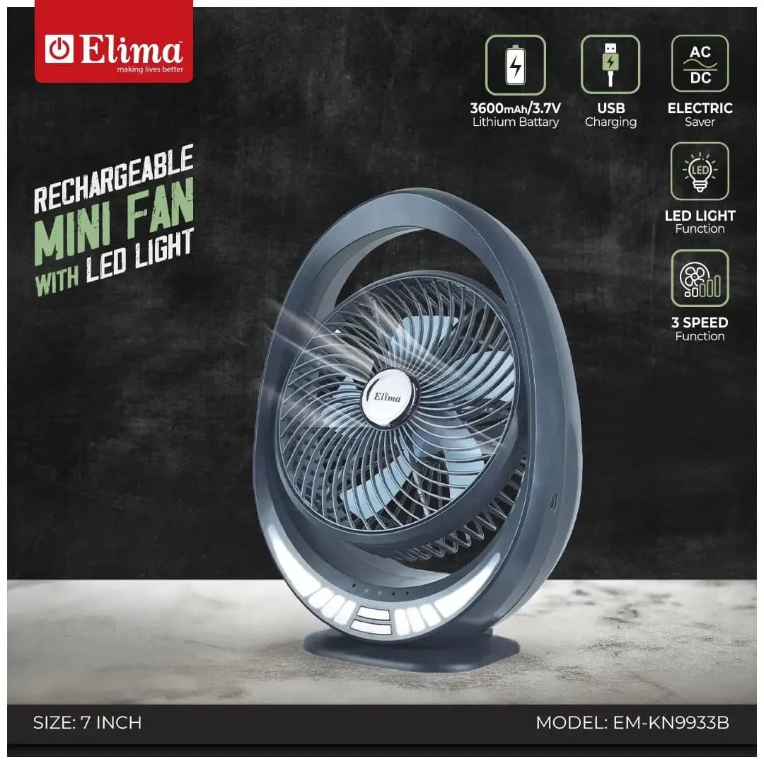 EM-KN9933B - 3600mAh Rechargeable 7 Inch Mini Fan with LED | Portable & Long Backup