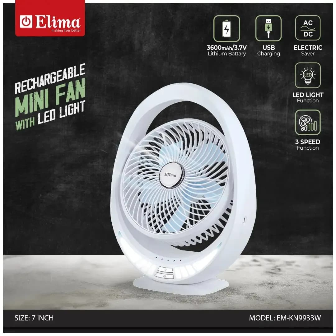 EM-KN9933W - 3600mAh Rechargeable 7 Inch Mini Fan with LED | Portable & Long Backup