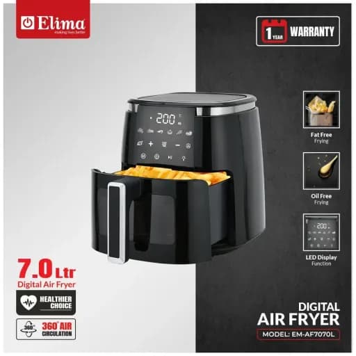 EM-AF7070L Elima 7.0L Digital Air Fryer- 360° Air Circulation, Oil-Free Healthy Cooking, LED Touch Display