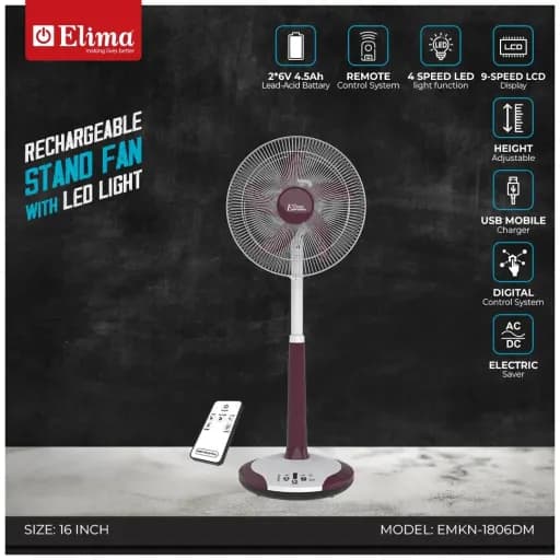 EMKN-1806DM Rechargeable Stand Fan with LED Light – Long Battery Backup & Powerful Airflow for Home & Office