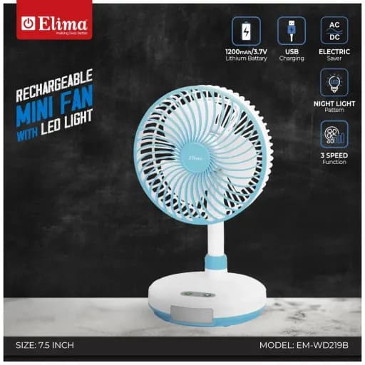 EM-WD219B Rechargeable Fan – 7.5 Inch | USB Charging | Type-C Input | Night Light Pattern | 3-Speed Table Fan