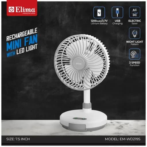 EM-WD219S Rechargeable Fan – 7.5 Inch | USB Charging | Type-C Input | Night Light Pattern | 3-Speed Table Fan