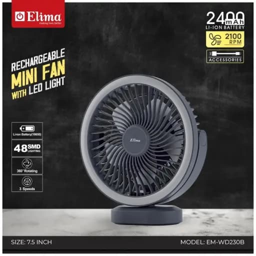 EM-WD230B Rechargeable Fan- 2400mAh Li-ion Battery | 7.5 Inch 48 SMD Light | 360° Rotating Portable Table Fan