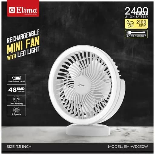 EM-WD230W Rechargeable Fan- 2400mAh Li-ion Battery | 7.5 Inch 48 SMD Light | 360° Rotating Portable Table Fan