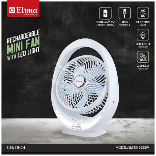 EM-KN9933W - 3600mAh Rechargeable 7 Inch Mini Fan with LED | Portable & Long Backup